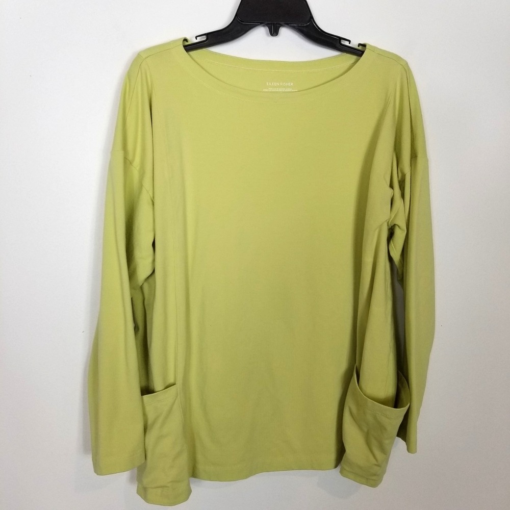 Eileen Fisher Women Cotton Blend Boat Nevk‎ Tunic Top  L Green Pockets Lagenlook